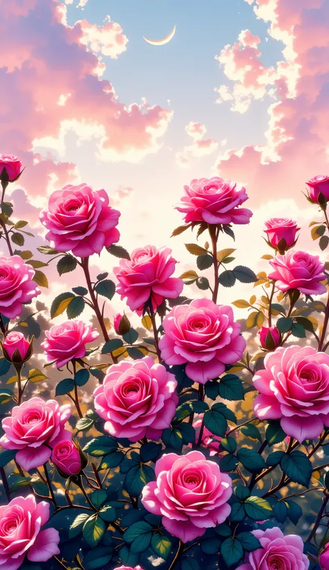 A close-up view of a rose bush with numerous vibrant pink roses. The roses are in various stages of bloom, filling the frame from the foreground to mid-ground. Lush green leaves are visible amongst the blossoms. The background shows a pale sky with soft pi...
