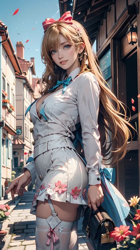 work, TOP QUALITY,  girls on the left, long hair alternative, absurdly long hair, blonde hair, bow hair,   Aqua Eyes, 魅力的なsmile, tongue,  dark eyes,  long eyelash ,  big breasted, chest rash , white shirt,  black short skirt, shoes, during, hair ribbon, fl...