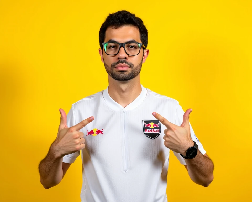 ((Masterpiece)), ((Ultra-detailed professional esports portrait)), ((8K resolution)), ((studio lighting, crisp focus, high dynamic range)), BREAK.  
A **young esports athlete** with a confident expression, standing against a **vibrant yellow background**. ...