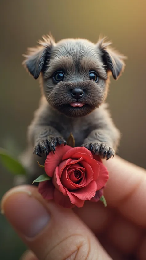 "Create an ultra-realistic image of an impossibly tiny baby Schnauzer puppy, small enough to sit adorably on the tip of a human finger, appearing as though it could fit within the petals of a rose. The puppy should have soft, wiry fur in classic salt-and-p...