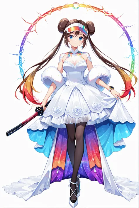 made of golden and blue and red and yellow and purple lightning thunder trails
（Holding Japanese sword，Japanese sword white background， stands，whole body，heels， front view,Standing picture:1.7)，HoleHeels，oval/Circle/Thorn/Horn Heels，,Hasty,Colorful, vivid ...