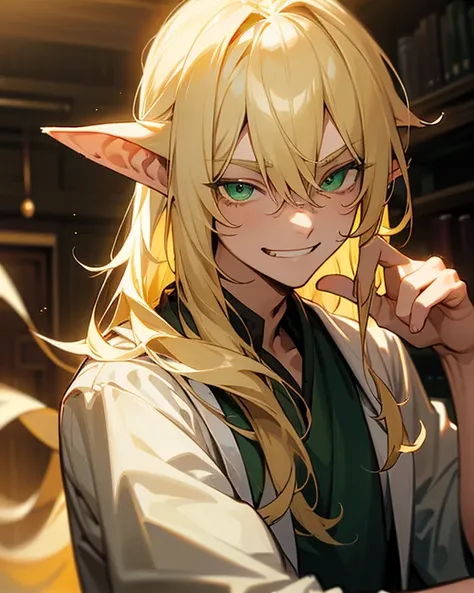 Solo Male, adult, blonde, grinning, smug, elven ears, long hair, green eyes, (hair covering one eye), lab coat. In a classroom, dark atmosphere. Closeup. Looking at viewer