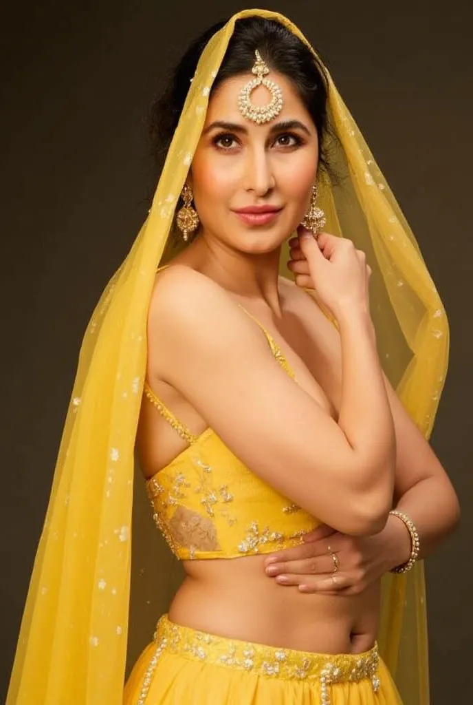 (masterpiece, best quality:1.2), She is draped in a low waist mango yellow lehenga with delicate gold embroidery, giving her an ethereal, moonlit glow. Her champagne sheer veil barely grazes her bare stomach, fully exposing her deep navel and slim waistlin...