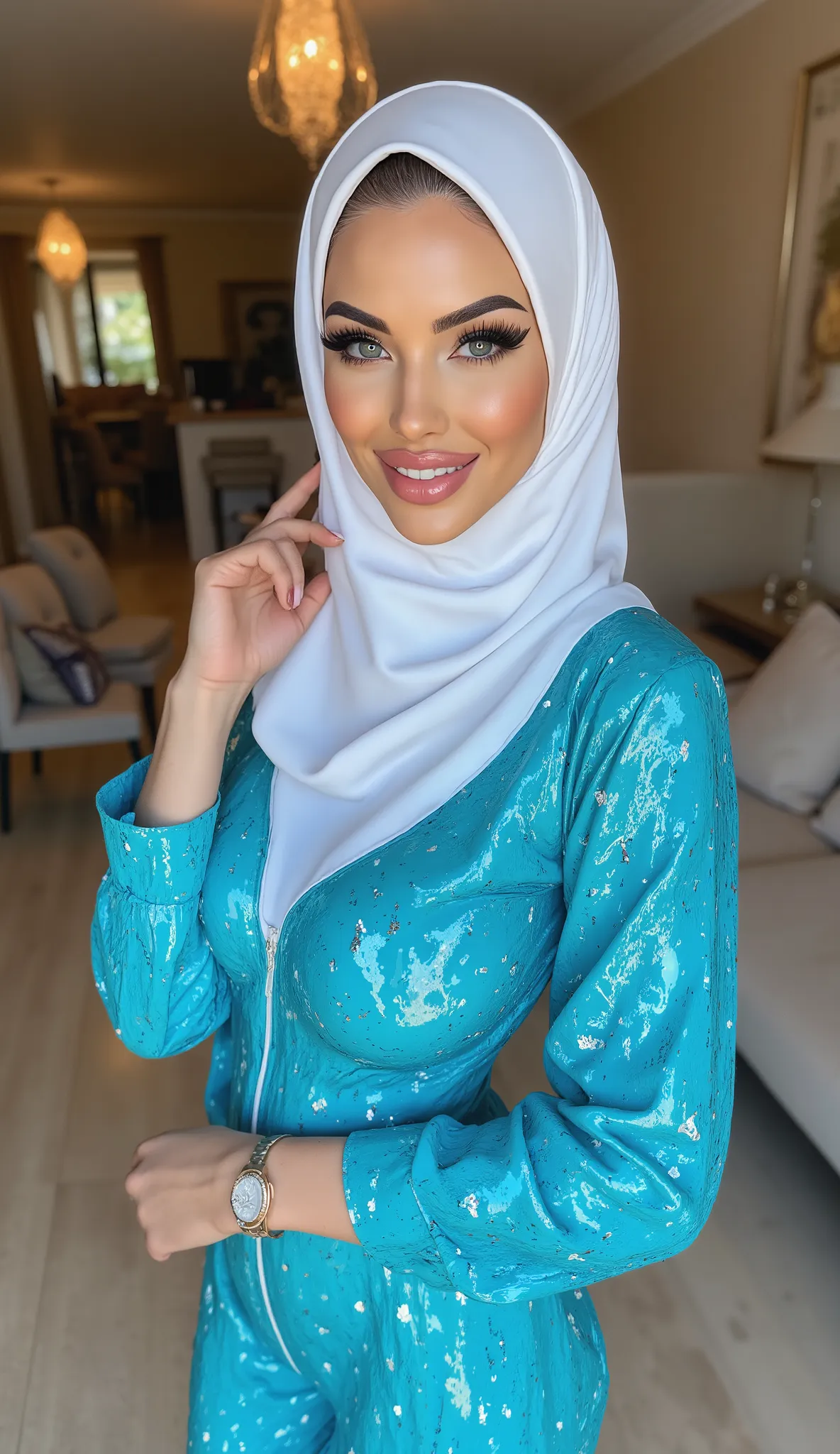 (Ultra-realistic), (high resolution), ((((upperbody view)))), one beautiful European woman, beautiful face, instgram model, alluring beauty, pink lipstick, full make-up, ((wearing white stylish hijab)), ((wearing a florescent blue sequin jumpsuit)), standi...