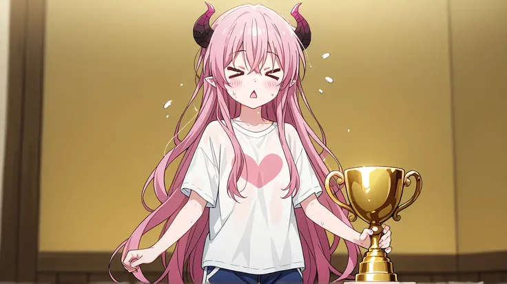 1girl, Rim \(happy sugar life\), anime screencap, masterpiece, best quality, A young woman dressed in cosplay poses confidently against a Sports fields background pink hair, She has long, flowing hair styled in soft waves, horns, pointy ears, giving her a ...