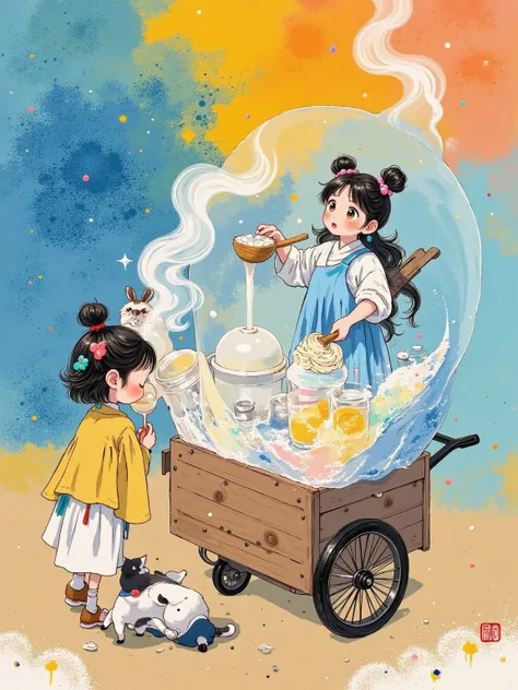  shows the movie's exploration of destiny , ，  The Girl in modified undershirt is using a bamboo spoon to dig out amber pearls ，  The white，sugar pot edge on the shoulder  ，  The surface of the wooden cart shows the texture of rice paper fibers and ink sta...