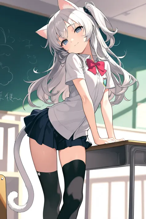 masterpiece, best quality,1 girl, (cute illustration: 1.4),cute,middle tits, skinny legs,fluffy hair:0.6,silver hair, one side up, head tilt,light Gray,round face, BREAK , perky brests,classroom,girl ,or,white Cat ears, a white tail,school uniform,skirt,so...