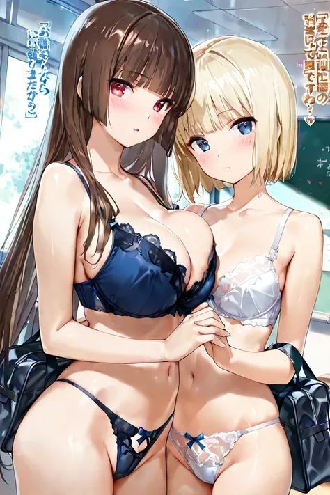 (masterpiece), best quality, ,ultra-detailed,illustration,CG,shiny hair,clear skin,ultra-detailed-eyes, 2 girls, beautiful face, holding hands each other, ((1 girl, beautiful blonde-haired girl, straight hair, bangs, big breasts, white lingerie, lacetrimme...