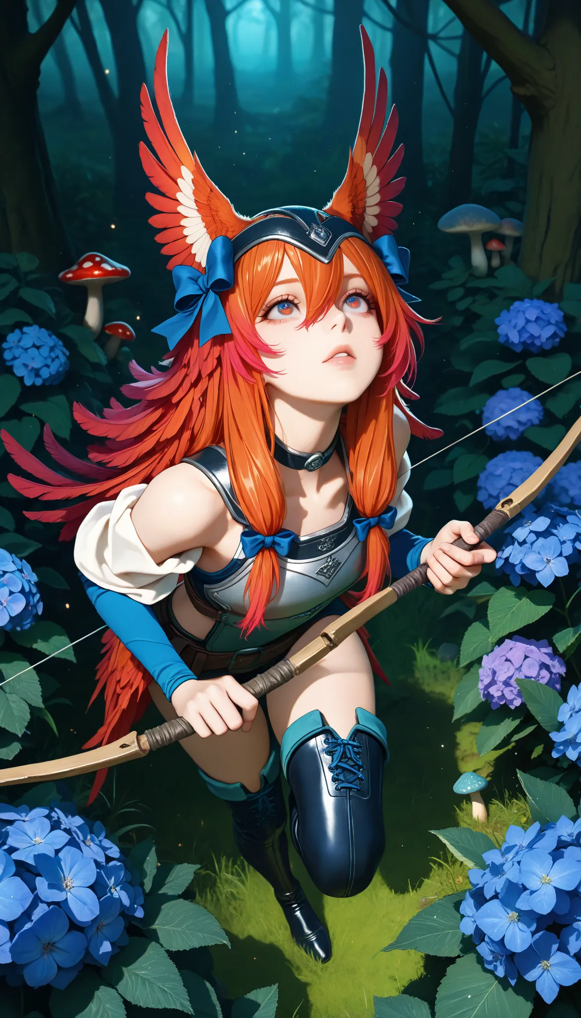  a girl, (Huntress), beautiful detailed eyes, beautiful detailed lips, extremely detailed eyes and face, long eyelashes, fantasy forest, luz solar filtrándose a través de las moves,  floating particles ,  spectacular lighting, vibrant colors ( best quality...