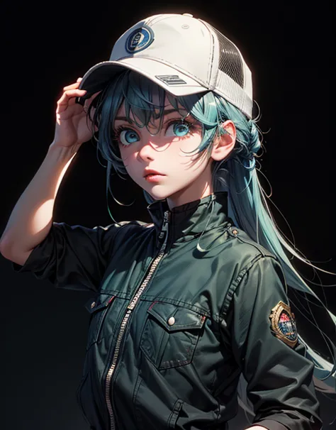 masterpiece, best quality, extremely detailed, high resolution, cowboy shot, ((no hat:1.3)), Japanese anime,1girl, darkgreen hair, long hear, messy hair, hairs between eyes, crossed bangs, cobalt blue eye, (Slightly large and horizontally long, Curved tsur...