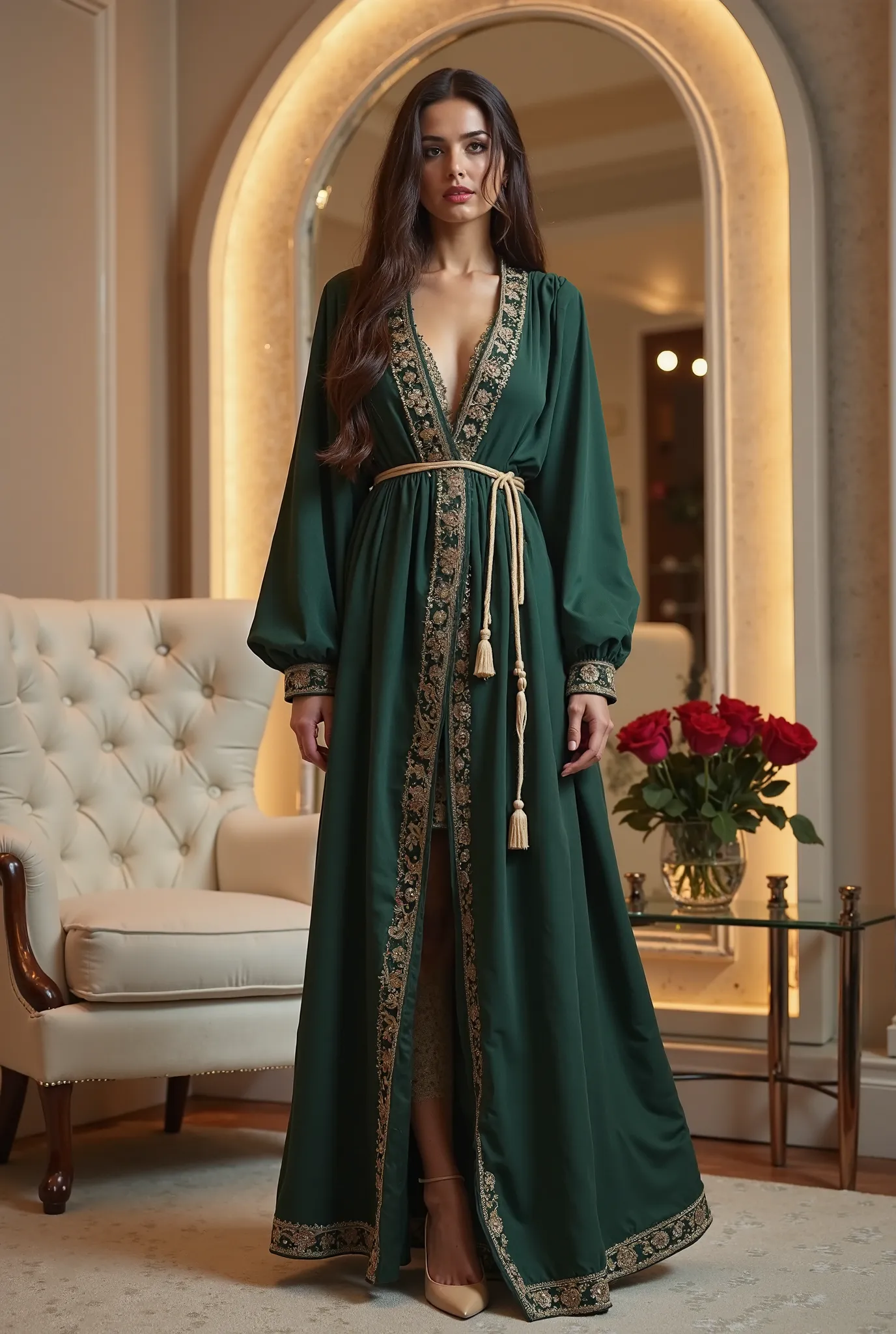 The image features a woman with long, dark hair wearing an elegant traditional outfit in a luxurious indoor setting. The outfit consists of a dark green open-front abaya or long coat with a cinched waist, tied with beige tassel strings, and an inner dress ...