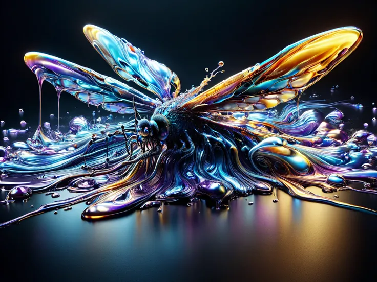 [a dragonfly landing a pool of liquid metal with purple and blue hues, Very shiny, Smooth surface texture, polished surface, reflective, Front 45 degree angle, Inlay ral-chrome, PhotoPractical, HyperPractical, Ultra Detailed, Analog style, Delicate skin, m...