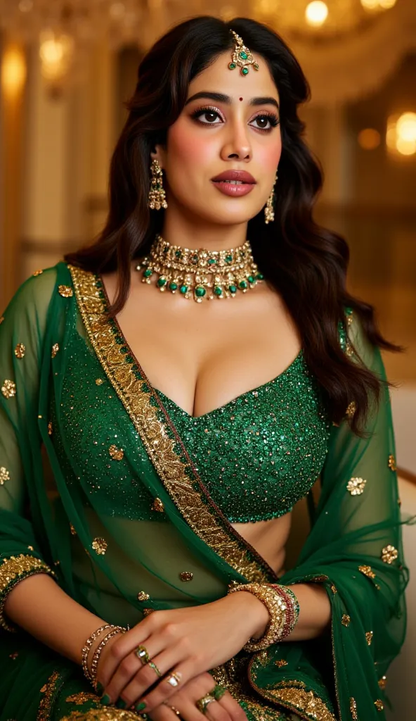 A regal Indian woman in an emerald green lehenga