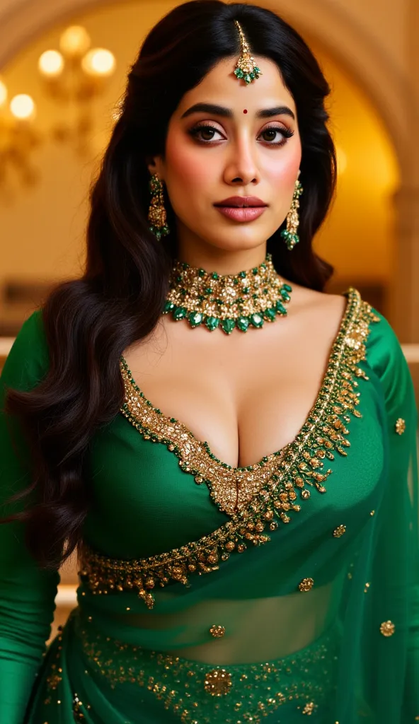 A regal Indian woman in an emerald green lehenga