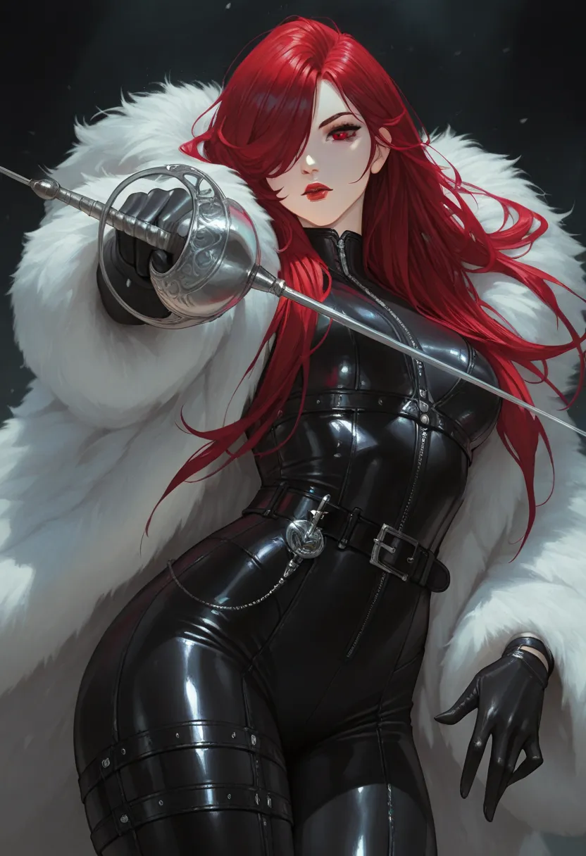 celestihan,masterpiece, best quality, newest, (foreshortening:1.2), solo, 1girl, mtsrarena, red lips, looking at viewer, holding weapon, rapier, long hair, red hair, hair over one eye, red eyes, fur coat, black bodysuit, black gloves, black belt