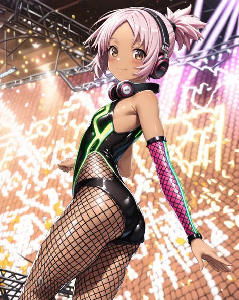 1girl, solo, ((view from back)), standing. blush, beautifully shaped body, curvy, smile, short, flat chest), ((short hair, short ponytail, pink hair, parted bangs)), (dark skin, brown skin, brown, ((sleeveless, leg sleeveless, neon bodysuit, fishnet, headp...