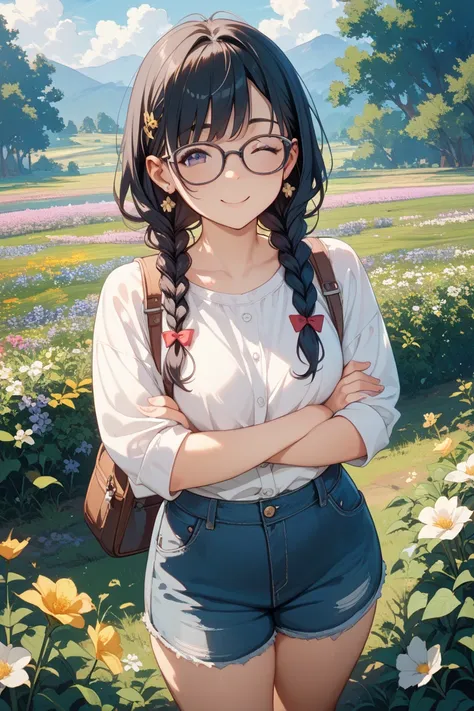 Early morning light、Woman standing in a field of flowers in a fantastic landscape、He's spreading his arms at me and winking、 black hair、 braids、Glasses、 plump、Petite