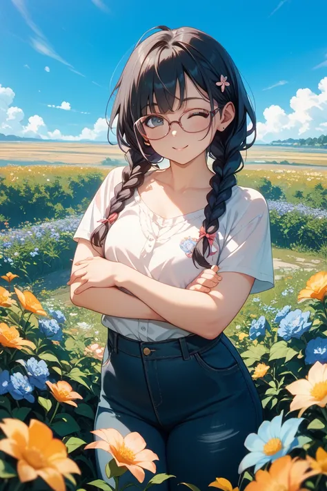 Early morning light、Woman standing in a field of flowers in a fantastic landscape、He's spreading his arms at me and winking、 black hair、 braids、Glasses、 plump、Petite