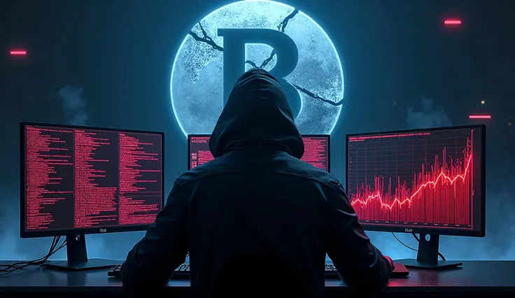 Un hacker en capuche, assis devant plusieurs écrans sombres avec des lignes de code rouges et un énorme logo BYBIT fissuré en arrière-plan. Une ambiance sombre et dramatique avec un éclairage bleu et rouge pour accentuer l’urgence accompagné d’un graphique...