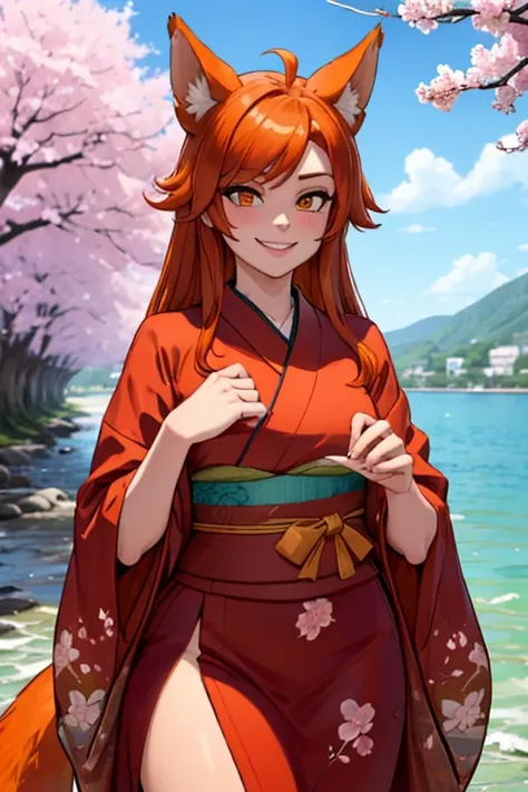 Perfect face. Perfect hands. An orange haired woman with copper eyes and orange fox ears and an orange fox tail with an hourglass figure in a cute kimono is smiling in the sea of cherry blossoms