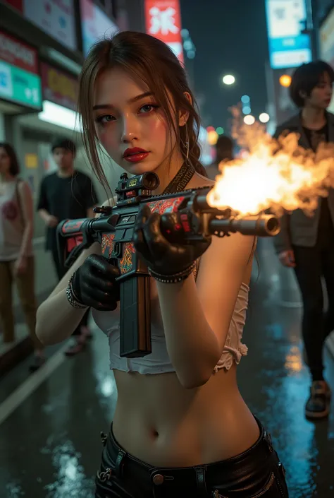  [Style: "Photorealistic, cinematic, cyberpunk"] (Key Directive: "Prioritize anatomical accuracy and material textures") { Character: "20-year-old Caucasian woman" | Face: "symmetrical, pale skin, full lips, red lipstick:1.15" | Eyes: "((sharp focus, no bl...