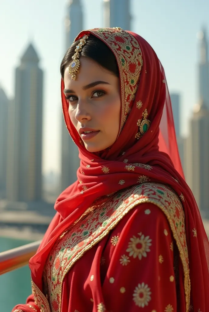 Create a rich woman in Dubai with a headscarf 