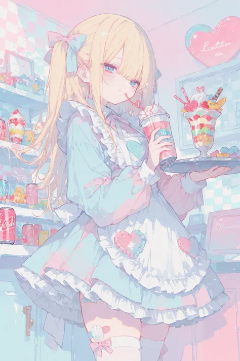 illustration, best quality, dramatic lighting,r17329_illu,masterpiece, best quality, 8k, highres, ultra-detailed,HDR, UHD, illustration, best quality,colorful, 1girl, long blonde hair, blue eyes, hair bow, cute maid outfit, frilly dress, apron, thigh-high ...