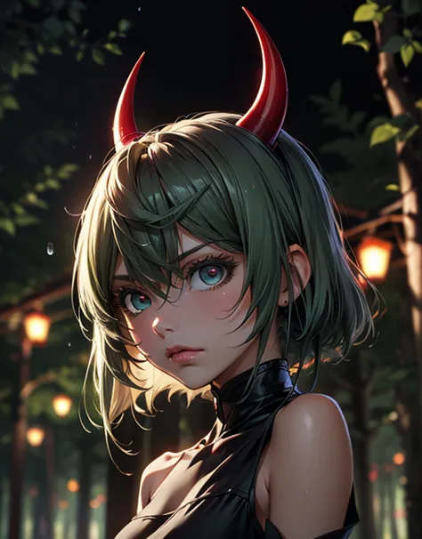 ((masterpiece, best quality)), (1girl, anime girl in night forest, rain),(li, girl, pale skin, devil horn), (solo), (female focus), (green hair, medium hair),red eyes, ((exposed shoulder)), pale skin, evil, vicious, yandere, portraits, close up, upper body...