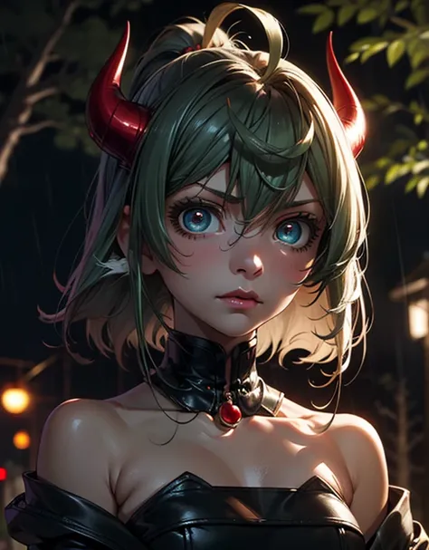 ((masterpiece, best quality)), (1girl, anime girl in night forest, rain),(li, girl, pale skin, devil horn), (solo), (female focus), (green hair, medium hair),red eyes, ((exposed shoulder)), pale skin, evil, vicious, yandere, portraits, close up, upper body...