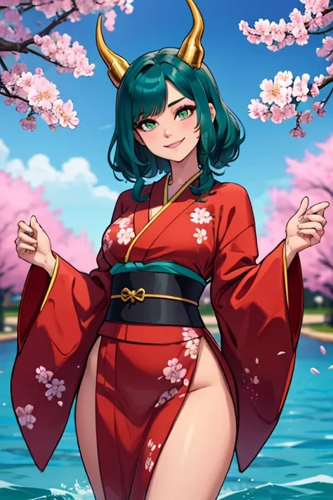 Perfect face. Perfect hands. A teal haired woman with golden eyes and  golden horns with an hourglass figure in a cute kimono is smiling in the sea of cherry blossoms