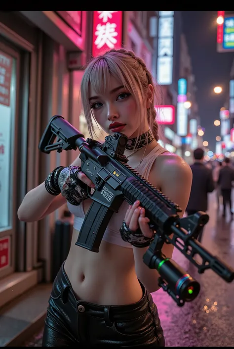 [Style: "Photorealistic, cinematic, cyberpunk"] (Key Directive: "Prioritize anatomical accuracy and material textures") {Character: "20-year-old Caucasian woman" | Face: "symmetrical, pale skin, full lips, red lipstick:1.15" | Eyes: "brown irises (hyper-de...