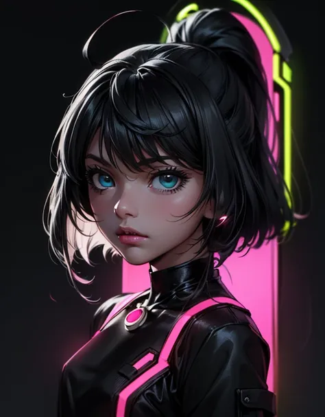 anime style (best quality, sketch:1.2),realistic,illustrator,anime,1 girl, detailed lips, black dress,custom, (background dark monochrome),neon hair,textured cropping, masterpiece, style retro classic, noir dark, art, sketch book, (bob hair black:1.75 neon...