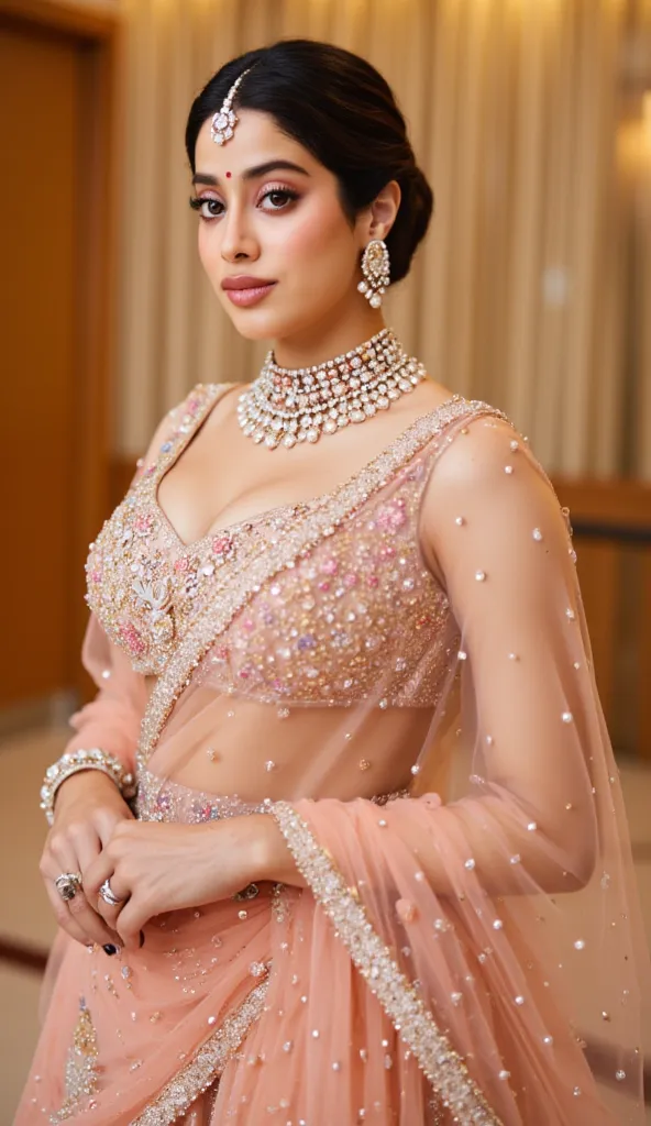 A graceful Indian woman in a soft peach lehenga with intricate floral embroidery in pastel shades, shimmering pearl and diamond jewelry, elegant updo hairstyle, luminous skin with dewy makeup, delicate henna on hands, standing in a luxurious indoor venue w...