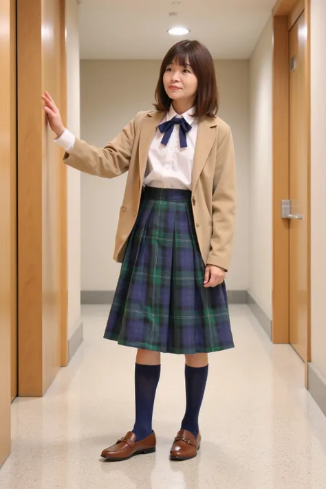 camel colored blazer 、white shirt 、 blue ribbon tie、 blue and green plaid pleated skirt、 dark blue socks、Wore brown loafers、A beautiful Japanese high school girl、 Standing in a Hotel Hallway ,三つ編みツインテール