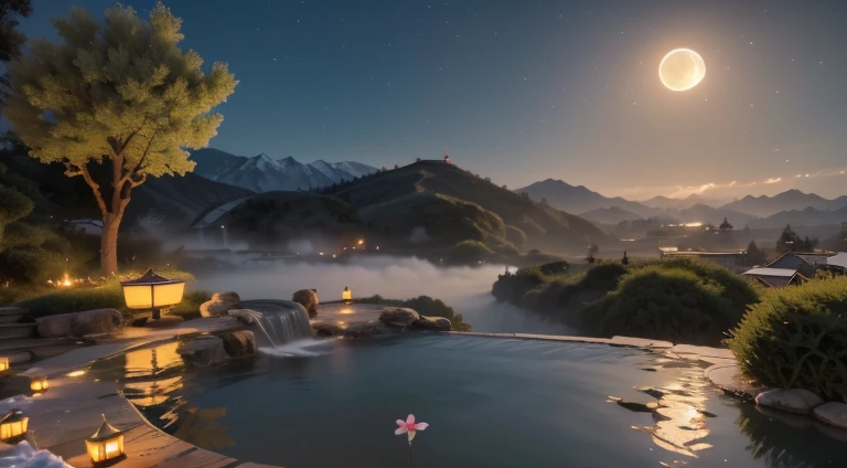 Chinese scenery, ((hot spring)), (Blizzard), (firefly), (Paper Kite), (midnight), (moon), Hilltop Shrine, ((flower)), Beautiful scenery, Realistic lighting, masterpiece, high quality, Beautiful graphics, High Detail,