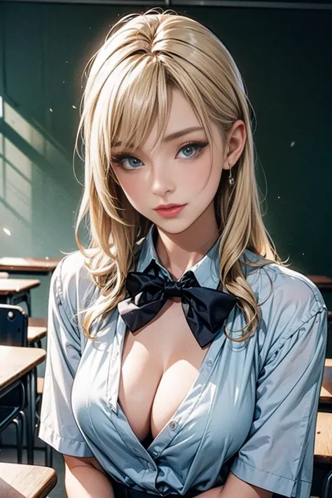  Japanese、 model、Blonde long hair、white shirt school uniform、 bow tie、 cleavage visible 、classroom