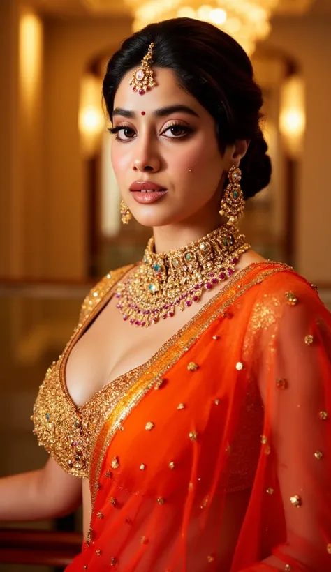 A radiant Indian woman in a striking fiery orange lehenga with gold and copper embroidery, dazzling jewelry featuring intricate gold and ruby embellishments, warm-toned makeup with a soft golden highlight, poised elegantly with a confident expression, glow...