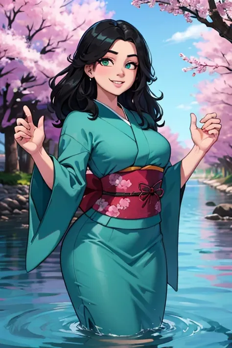 Perfect face. Perfect hands. A black haired woman with teal eyes with an hourglass figure in a cute kimono is smiling in the sea of cherry blossoms
