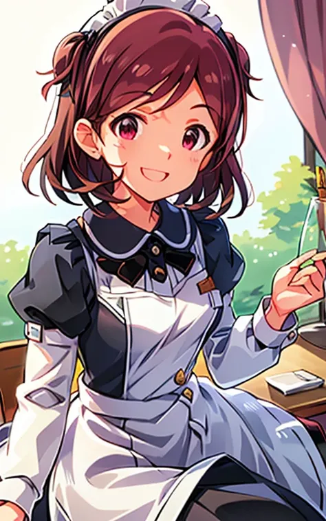 Aoba Misaki ( million people live),  beautiful girl、Maidカフェ、Maid服、 The upper body is visible、 dazzling smile、 single hair bun that shines light into the hair, Maid headdress, , glass, frills,  Blog, Maid, black dress,  puff sleeve,  Long Sleeve, Maid apron...