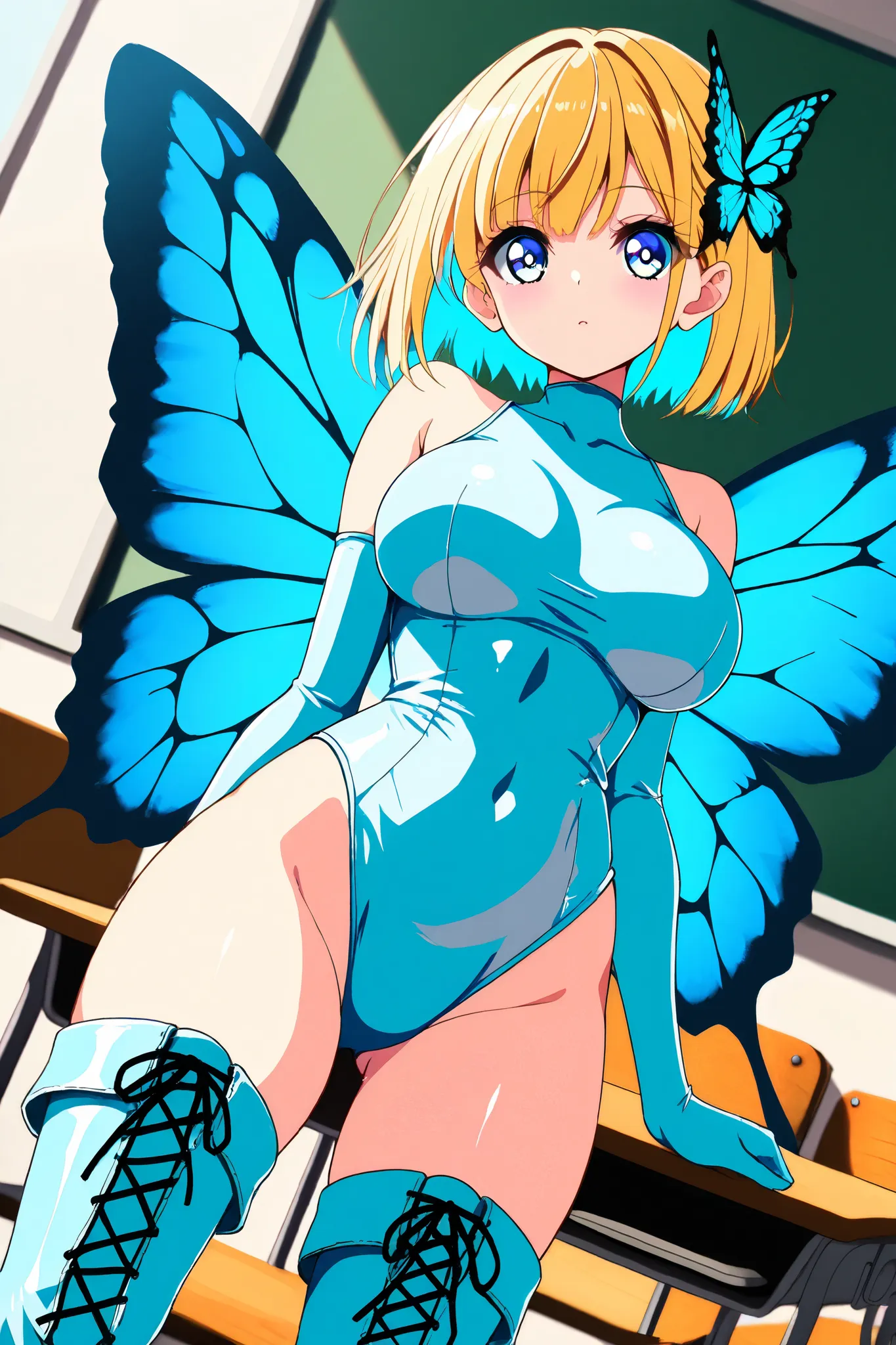 reia_kosu,1 female,solo,
blonde hair,twintale,shiny hair,colored inner hair,part bang,
blue eyes,big eyes,slant eyes,long eyelashes,
pretty,large breast,looking at viewer,
dutch angle,cowboy shot,

fairy（1.3）,light blue latex leotard,
big butterfly wings f...