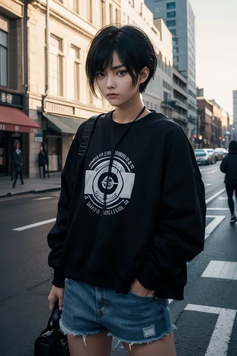  high resolution,   boyish ,    1 girl,  black hair, Sporty shortcuts,   asymmetrical hairstyle  ,  Asymmetrical bangs,   yellow eyes,  There are three circles in the middle of the eye,  Skater Style Street Fashion, slightly oversized bottoms,  standing,  ...