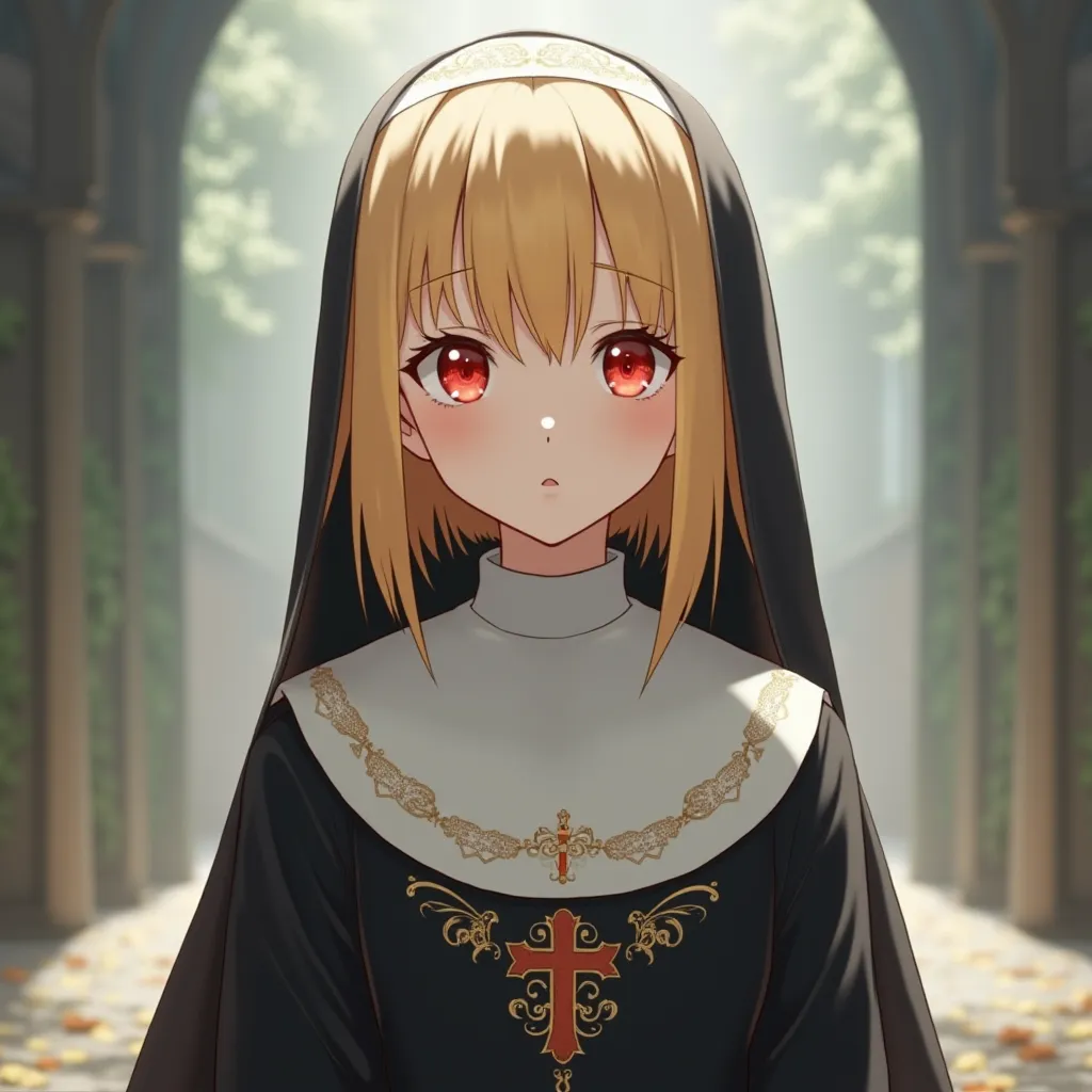 Golden short haired girl with bright red eyes, Anime,Nun costume