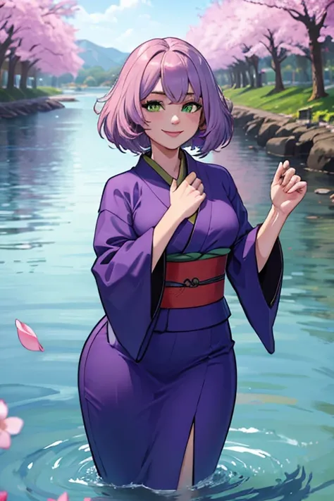 Perfect face. Perfect hands. A light purple haired woman with green eyes with an hourglass figure in a cute kimono is smiling in the sea of cherry blossoms
