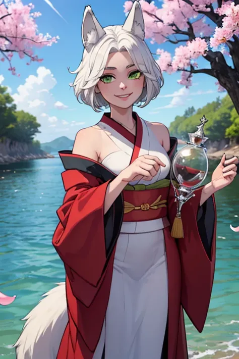 Perfect face. Perfect hands. A young white haired woman with green eyes and white wolf ears and a white wolf tail with an hourglass figure in a cute kimono is smiling in the sea of cherry blossoms
