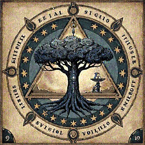 An intricate alchemical sigil, circular in design, featuring a majestic. ancient tree at the center within an INVERTED triangle, symbolizing growth, transformation, and the connection between earth and the cosmos. Surrounding the tree is a ring filled with...