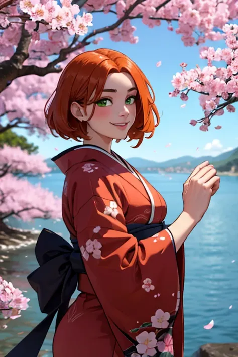 Perfect face. Perfect hands. An orange  haired woman with green eyes with an hourglass figure in a cute kimono is smiling in the sea of cherry blossoms
