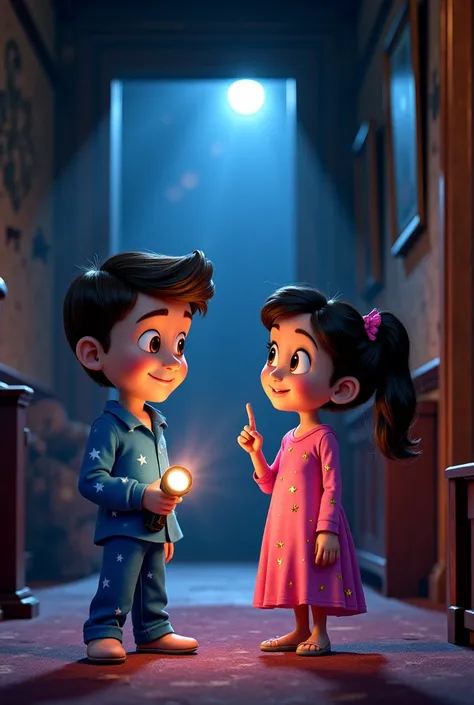 An old haunted house in 3D Disney Pixar, with antique furniture , dim lights and a large window where moonlight enters. Lucas, a  boy wearing blue star pajamas and a bright flashlight, Talk to her sister Luna, an  girl in a pink nightgown with gold stars a...