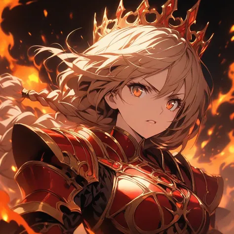 A young woman with light brown hair in a braid, wearing a crown and reddish-brown armor, stands amidst fiery flames. Her expression is serious and intense. She appears to be Caucasian, and her age is estimated to be in her late s or early twenties. Her att...