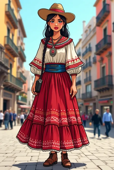 Anime-style drawing of an Andean Quechua woman in the streets of Madrid wearing clothing that shows cultural syncretism. 
Castilian influence: A wide cotton or silk skirt, pleated and with ruffles at the bottom (colonial style), but dyed with Quechua tints...