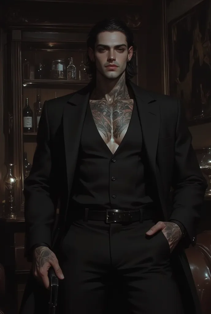 Room setting, a 30-year-old man with long black hair tied in a bun, pale skin, muscular and broad body, tattoos on the chest and neck, suit, gun in hand, cynical smile on the face. 